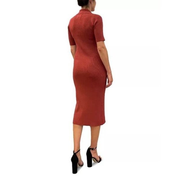 NWT Sam Edelman Dress Size Large Ribbed Collared Midi Sweater $118 Rust Orange - Picture 2 of 16